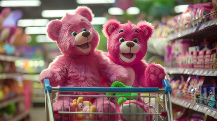 Two Happy Teddy Bears in Shopping Cart at Supermarket