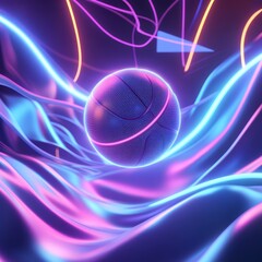 Canvas Print - futuristic scene with a glowing basketball suspended mid-air, surrounded by dynamic swirling lights 