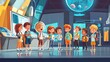 © Charoen - children on field trip illustrations, excited kids exploring a science museum, full of curiosity and discovery