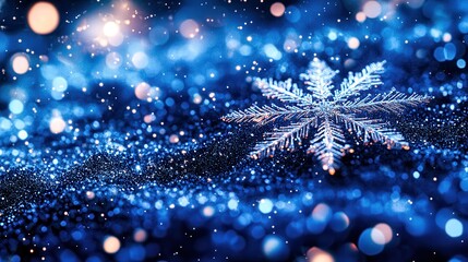 Wall Mural - golden christmas snowflake falling on blue sparkly snow with falling snowflakes
