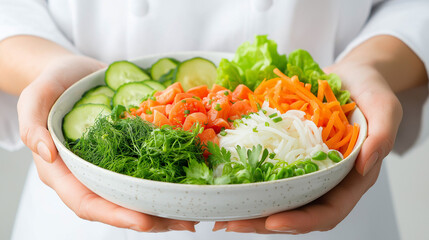 Midsection of female chef holding bowl of vegetables