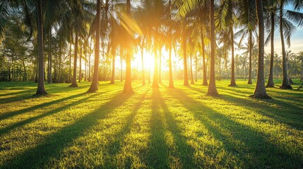 Wall Mural - A serene landscape featuring palm trees and sunlight filtering through the leaves.