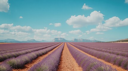 Wall Mural - A vibrant lavender field under a blue sky with mountains in the background.