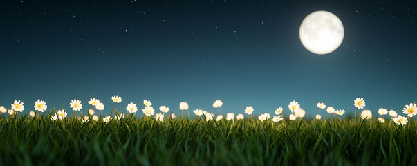 serene meadow filled with glowing wildflowers under bright moonlight