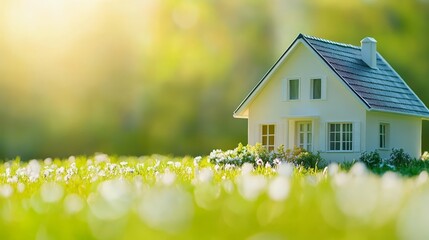 Wall Mural - Dream Home in a Green Meadow with White Flowers and Sunshine