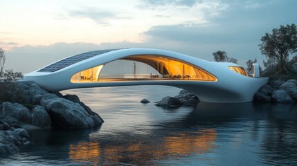 Poster - A futuristic house stands gracefully over the water, with large windows illuminating its interior. The structure incorporates organic shapes and solar panels, surrounded by tranquil rocks and nature.