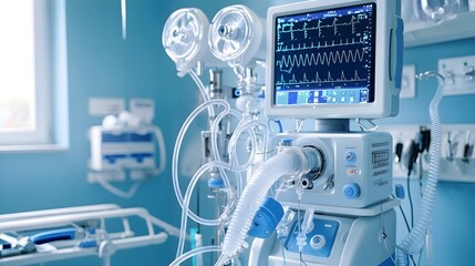 Aufkleber - Close up view of a suction machine connected to medical tubing with emergency tools and equipment placed nearby showcasing a technological healthcare setup