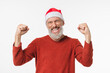 © InsideCreativeHouse - Extremely happy cheerful caucasian mature middle-aged man in red Santa Claus hat celebrating Christmas, feeling positive emotions because of win victory money sale discount offer
