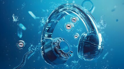 Poster - Crystal clear phone receiver with a transparent design featuring various warning symbols and icons floating inside it conveying a concept of communication technology and digital security