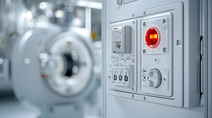 Leinwandbilder - Detailed view of a key controlled power panel featuring a red emergency indicator light in the setting of an X ray room within a healthcare facility or medical clinic