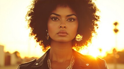 A confident woman with an afro hairstyle stares intently at the camera with the sun setting behind her.