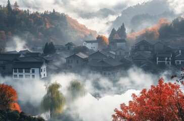 Chinese style autumn scene with red maple leaves and white house