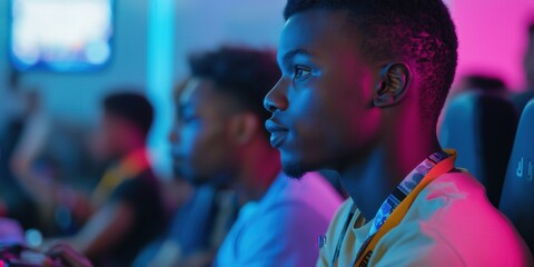 Side view of multicultural gamer playing a match in a gaming room at a games con event