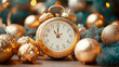 © Tetiana - Christmas and New Year background with golden clock and balls, fir branches