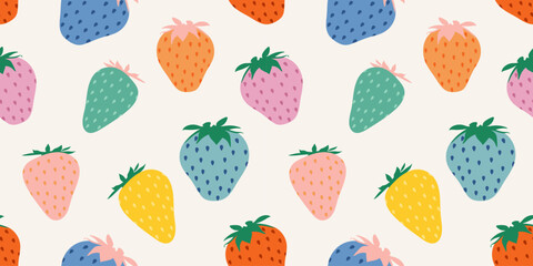 Strawberry colorful vector seamless pattern background. Fruit illustration isolated on beige background. Seamless background with strawberries for wrapping paper, wallpaper