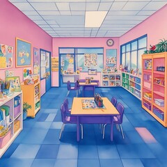 Sticker - Colorful Classroom Interior with Art Supplies and Bright Pink Walls.