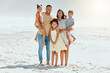 © peopleimages.com - Love, portrait and solidarity with family at beach for travel destination, summer or vacation. Relax, tropical and adventure with parents and children for holiday, bonding and happiness together