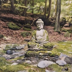 Sticker - Buddha Statue in a Forest Setting, Watercolor Painting.