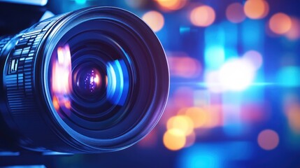 Wall Mural - A close-up of a camera lens with blurred lights in the background, emphasizing photography.