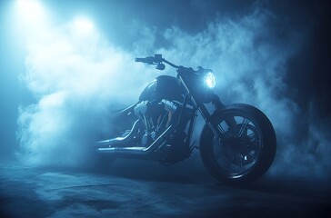 A motorcycle standing on wet asphalt at night, surrounded by smoke.
