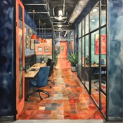 Wall Mural - Watercolor Illustration of a Modern Office Hallway with Colorful Tile Flooring.