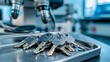 © thanarak - Set of digital X ray keys resting on a metal tray next to an operator console in a medical workspace or healthcare facility