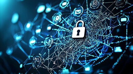 Poster - Tangled web of digital communication icons and lock symbol representing the complexities and interconnectedness of modern information technology and cybersecurity