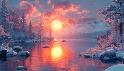 Wall Mural - sunset over winter forest, snow covered landscape at dusk generated by ai