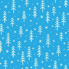 Wall Mural - Small white christmas trees and snowflakes isolated on blue background. Cute monochrome seamless pattern. Vector simple flat graphic hand drawn illustration. Texture.