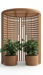 © walaiporn - Modern wooden garden gazebo with potted plants, white background.