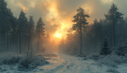 Poster - Mystery forest in winter, snow covered trees at dusk generated by AI