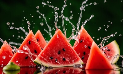 Fresh watermelon slices with splashing water