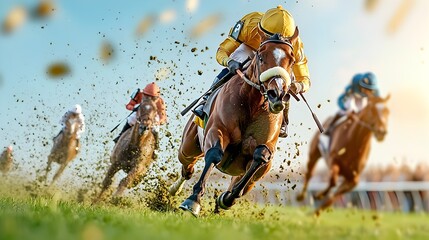 Captivating cut through perspective showcasing the dynamic action of a horse race track with galloping horses rounding the bend and bustling betting stations lining the exterior