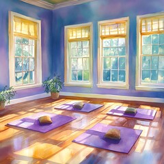 Sticker - Watercolor Illustration of a Yoga Studio with Sunlight Streaming Through Windows.