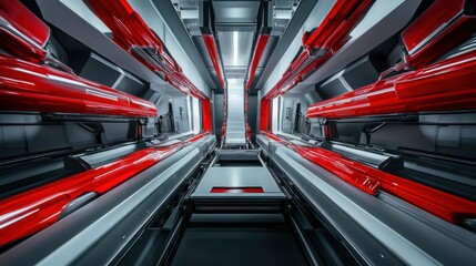 Poster - Futuristic corridor with sleek red and metallic elements, suggesting advanced technology.