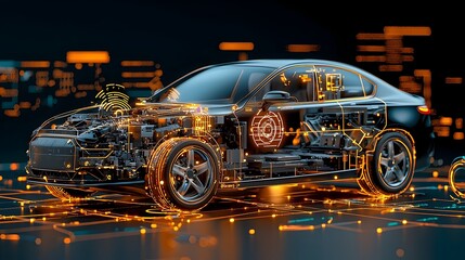 Cross section diagram showcasing the interior components and advanced features of a self driving electric vehicle including lidar sensors AI processing units and electric engines