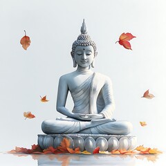 Sticker - Serene Buddha Statue with Falling Autumn Leaves.