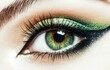 © thiquynh - A close-up of an eye with green eyeshadow, featuring long black lashes and prominent eyelids. The background is white to highlight the makeup effect on her eyes