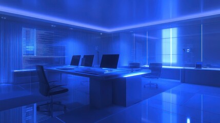 Sticker - A modern, blue-lit office space with sleek furniture and multiple computer monitors.