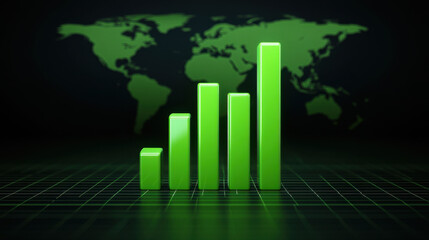 Green bar graph showing growth trends on a digital background with a blurry world map.