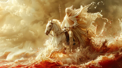 The apocalyptic horseman, Death riding the white horse in blood