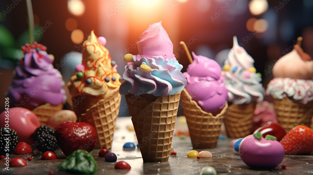 Five colorful ice cream cones in a row on a dark background. Photo of ...