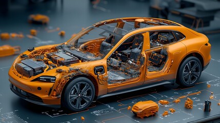 Aufkleber - Detailed Cross section of an Innovative Electric Car Highlighting its Intricate Battery Pack Powerful Electric Motors