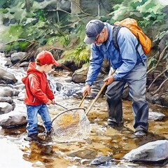 Wall Mural - Watercolor Illustration of a Father and Son Fishing in a Stream.