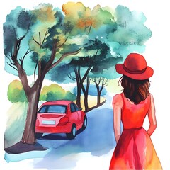 Sticker - Watercolor Painting of a Woman in a Red Hat and Dress Standing on a Road with a Red Car.