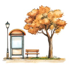 Wall Mural - Watercolor Illustration of a Bus Stop with a Tree and Bench.