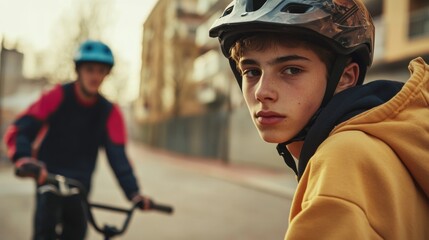 portrait of a young man looking at the camera wearing a bicycle helmet and riding the bike in a park