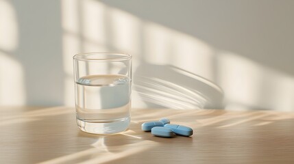 Refreshing Glass of Water Beside Blue Pills on Tranquil Wooden Surface - Soft Sunlight Creates Natural Shadows for a Serene Atmosphere