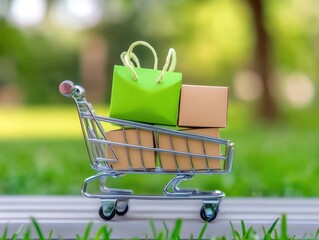 Shopping cart with boxes and bags on grass in sunlight, blurred background.