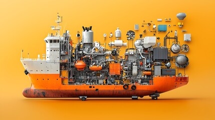 Poster - Detailed cross section view of a cargo ship showcasing the internal structures systems and components such as containers engine rooms